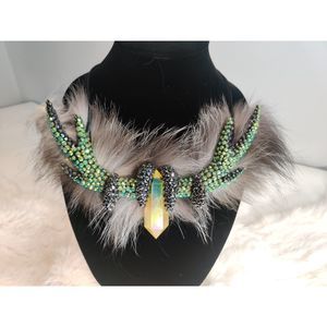 Yellow Sunshine Aura Angel Clear Quartz Deer Antler Necklace with Fox Fur